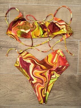 Skatie NWOT Red Orange Yellow Swirl Bikini Set